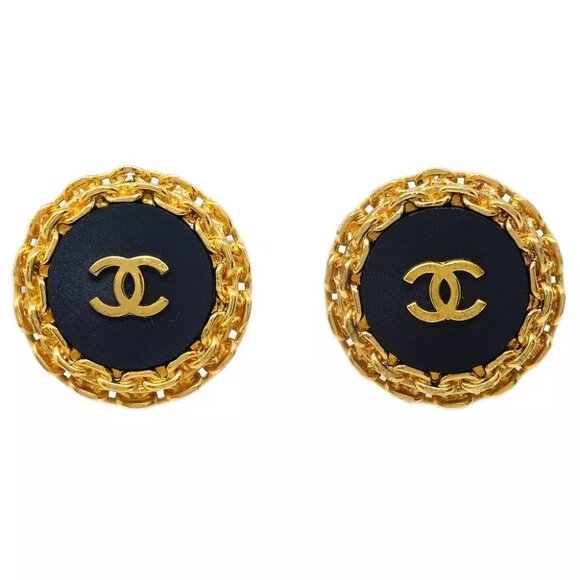 Chanel Button Earrings Clip-On Black Gold 27 115086 - Picture 1 of 4